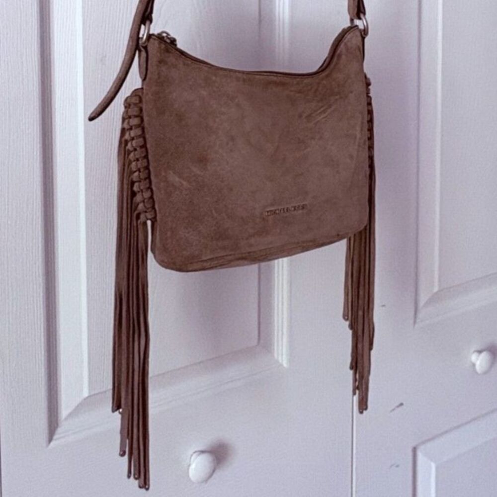 Michael Kors Billy Grey Suede Fringe Medium Crossbody Messenger Bag Boho Western